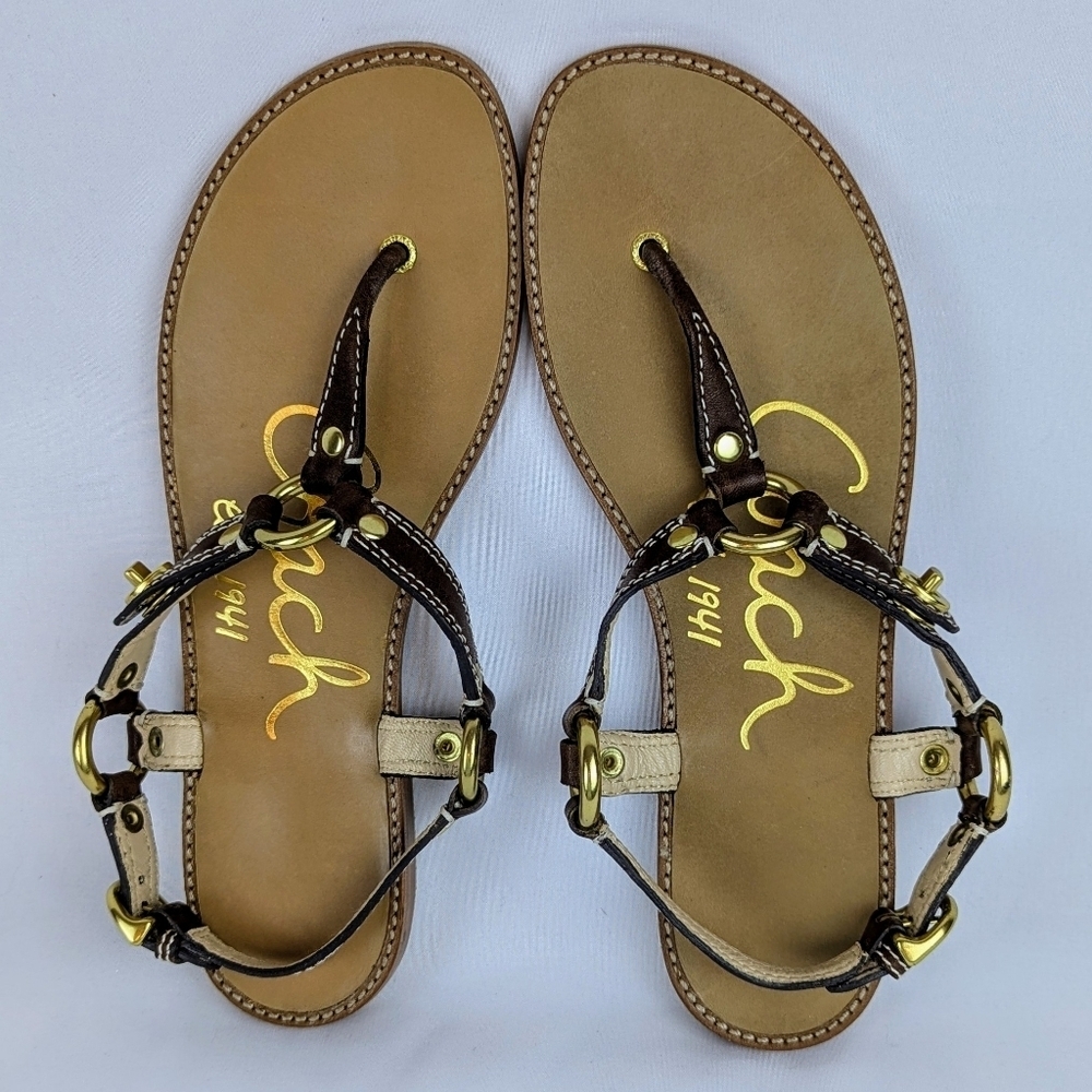 Coach Raiven Sandal Leather Flat Thong Ankle Strap Goldtone Tobacco 8.5 NWOB - Picture 11 of 14